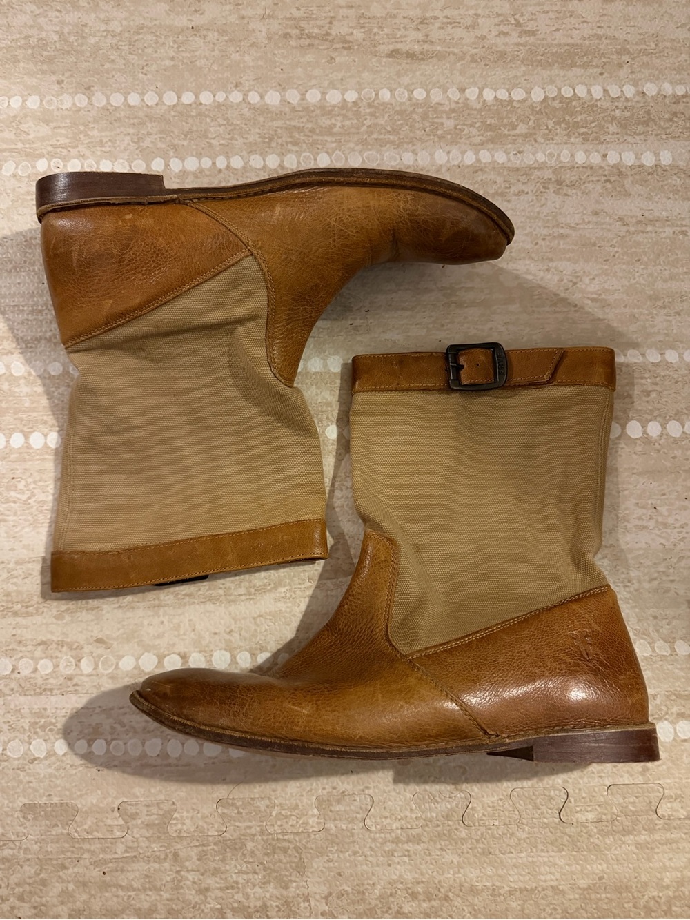 Frye Two-Tone Leather & Canvas Mid-Calf Boots in Brown and Tan